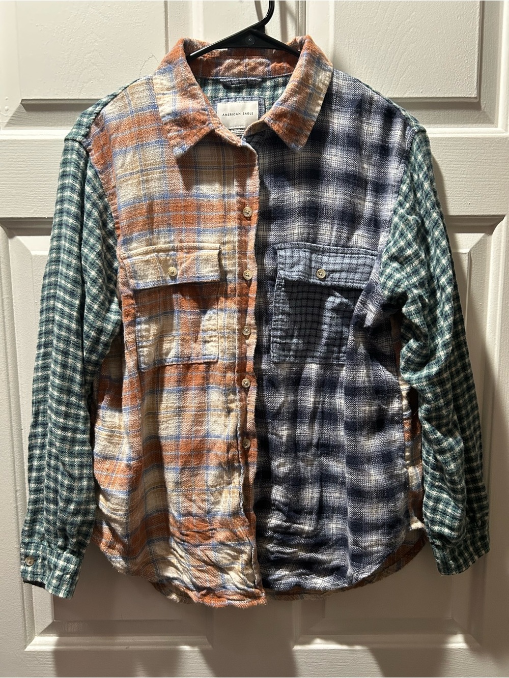 American Eagle Women’s Multi-Color Plaid Colorblock Flannel Button-Up Shirt